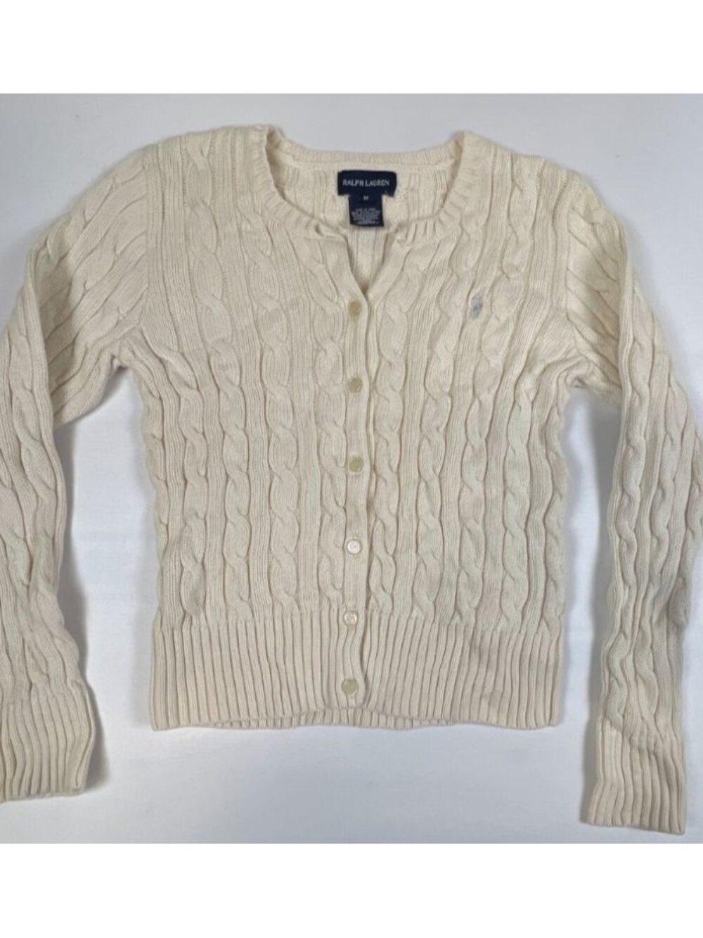 Ralph Lauren Women M Cream Cable Knit V-Neck Button Cardigan Sweater
